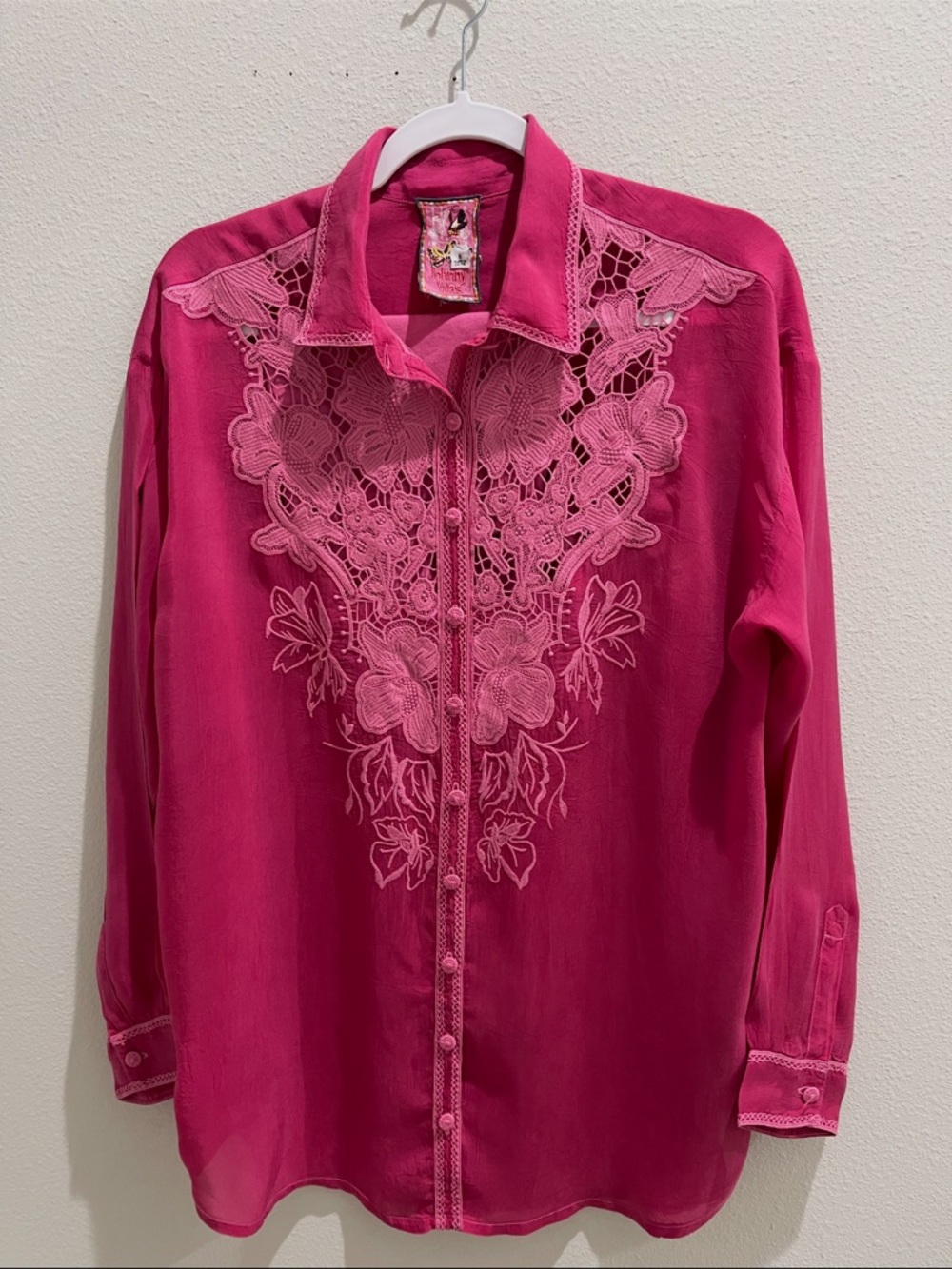 Johnny Was    Pink Floral Lace-Front Blouse